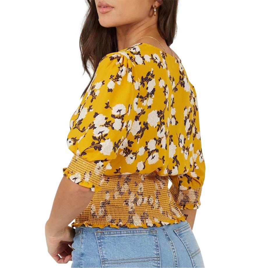 Brave Soul Blouse à Motif Floral Col V Manches Bouffantes  