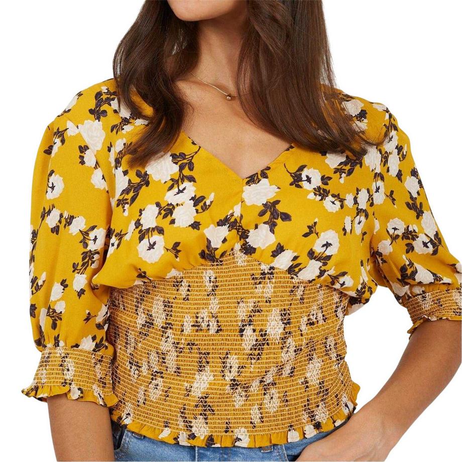 Brave Soul Blouse à Motif Floral Col V Manches Bouffantes  