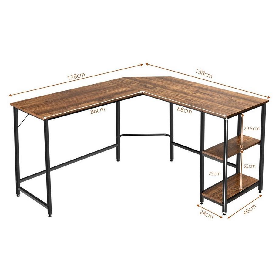 Northix L-förmiger Schreibtisch Homeoffice-Schreibtisch mit 2 Ablageflächen 138 x 138 x 75.5 cm Kaffeebraun + Schwarz  