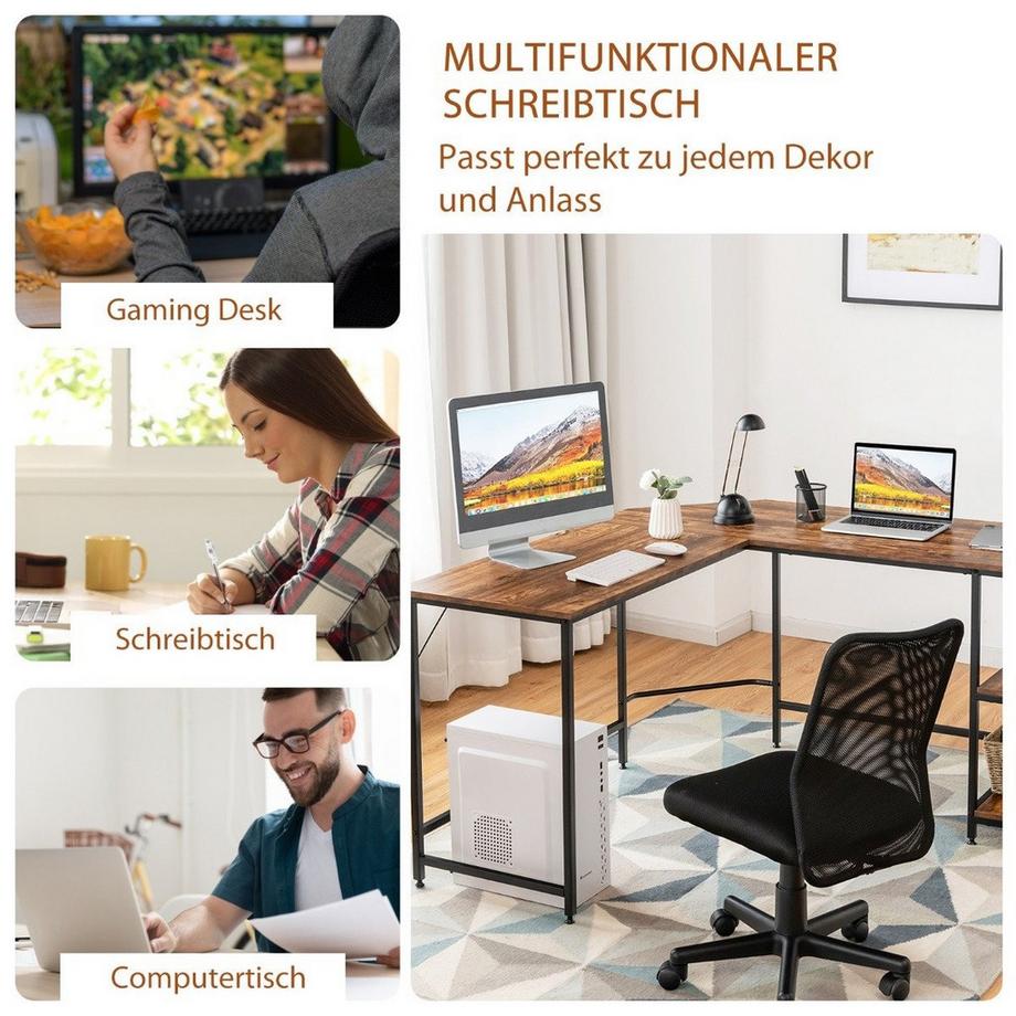 Northix L-förmiger Schreibtisch Homeoffice-Schreibtisch mit 2 Ablageflächen 138 x 138 x 75.5 cm Kaffeebraun + Schwarz  