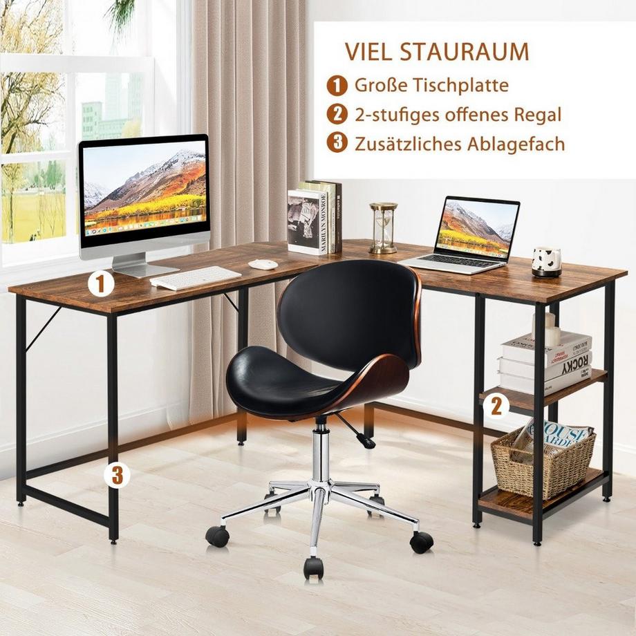 Northix L-förmiger Schreibtisch Homeoffice-Schreibtisch mit 2 Ablageflächen 138 x 138 x 75.5 cm Kaffeebraun + Schwarz  