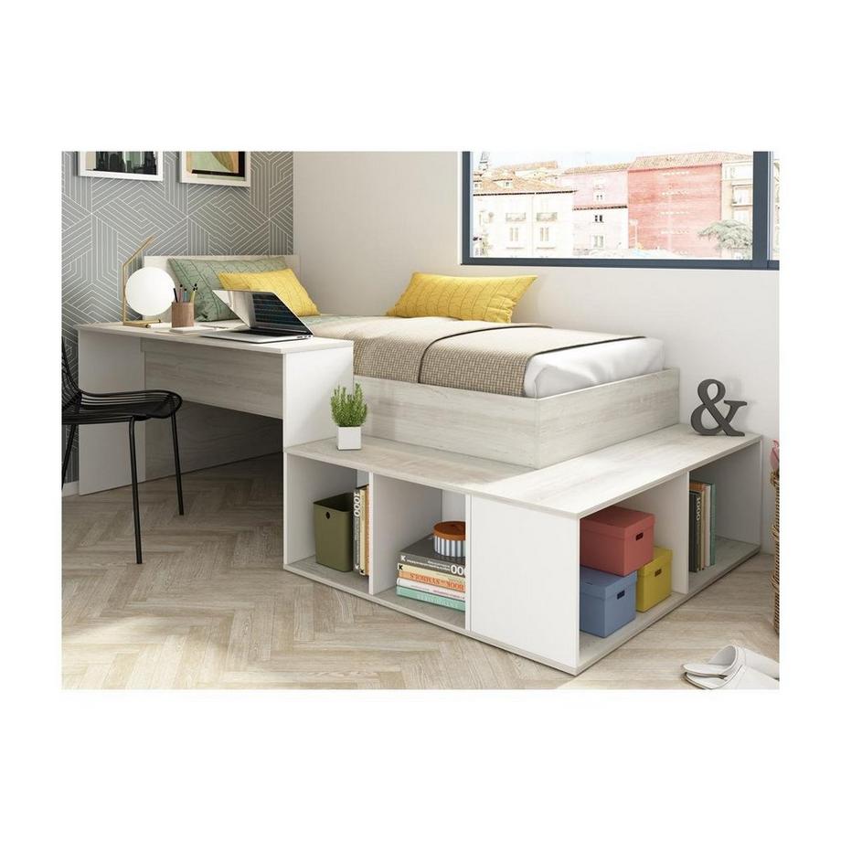 Vente-unique Letto combinato con vani portaoggetti e Scrivania 90 x 200 cm Naturale e Bianco + Rete - RIGALI  