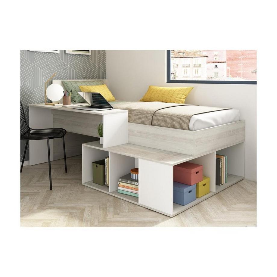 Vente-unique Letto combinato con vani portaoggetti e Scrivania 90 x 200 cm Naturale e Bianco + Rete - RIGALI  