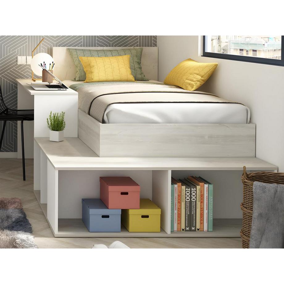 Vente-unique Letto combinato con vani portaoggetti e Scrivania 90 x 200 cm Naturale e Bianco + Rete - RIGALI  