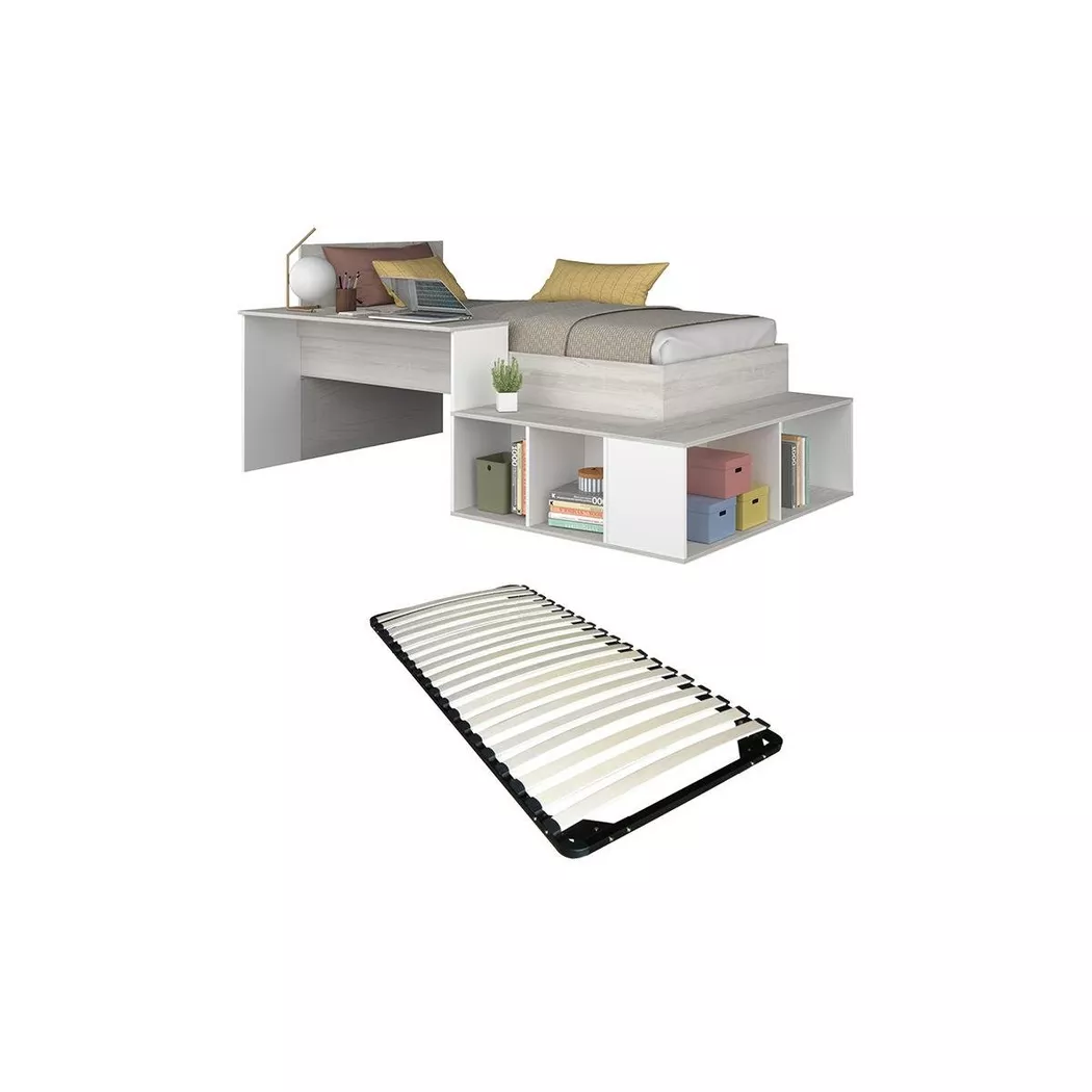 Vente-unique - Lit combiné 90 x 200 cm avec rangements et bureau - Coloris : Naturel et blanc + Sommier - rigali