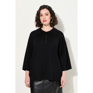 Ulla Popken  Pull avec coutures fantaisie, col polo, fermeture zippée et manches 3/4 