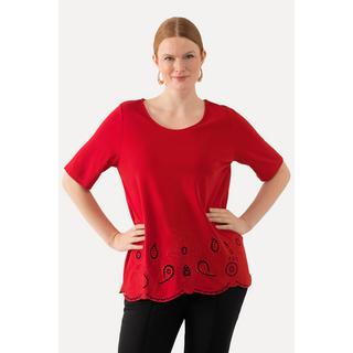 Ulla Popken  T-shirt à col rond et manches courtes, ourlet « festonné » et broderies 