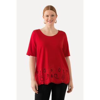 Ulla Popken  T-shirt à col rond et manches courtes, ourlet « festonné » et broderies 