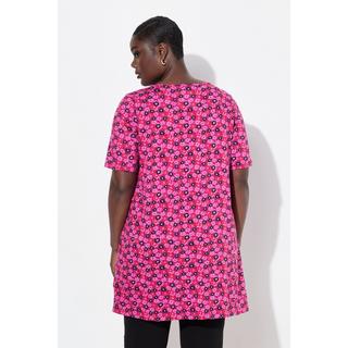 Ulla Popken  T-shirt long motif à fleurs, col rond et manches courtes, coupe évasée 