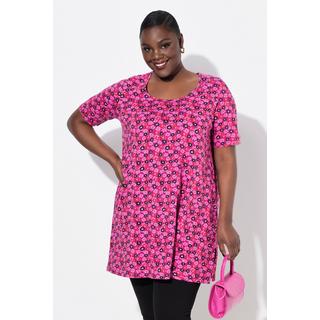 Ulla Popken  T-shirt long motif à fleurs, col rond et manches courtes, coupe évasée 