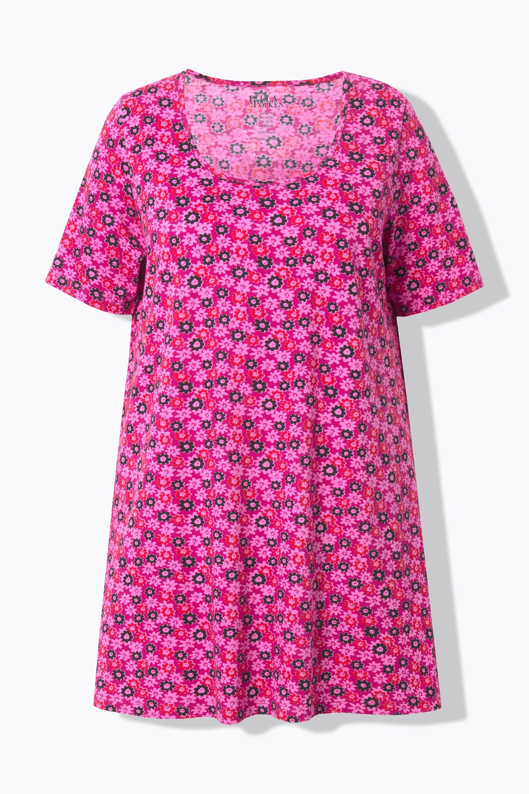 Ulla Popken  T-shirt long motif à fleurs, col rond et manches courtes, coupe évasée 