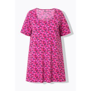 Ulla Popken  T-shirt long motif à fleurs, col rond et manches courtes, coupe évasée 