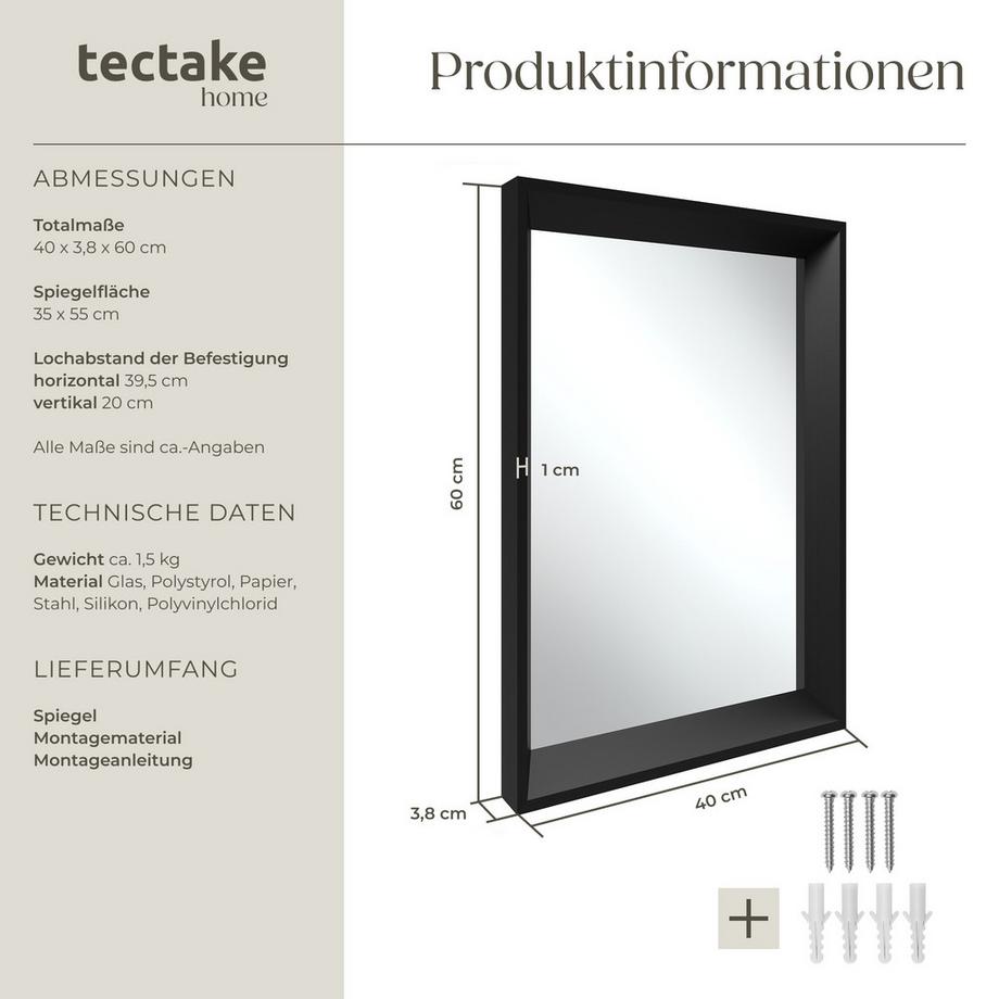 Tectake Miroir mural rectangulaire ELINA 40 x 3,8 x 60 cm  