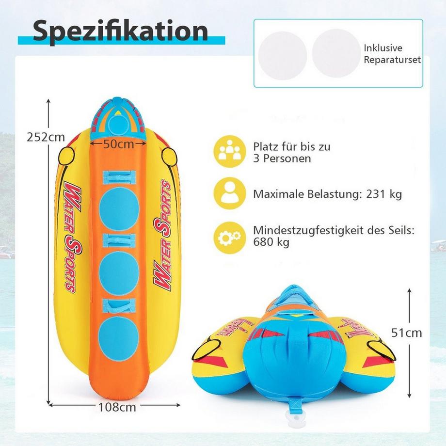Northix  Banana boat per 3 persone Tubo trainabile con 3 sedili imbottiti in EVA e maniglie 252 x 108 x 51 cm 