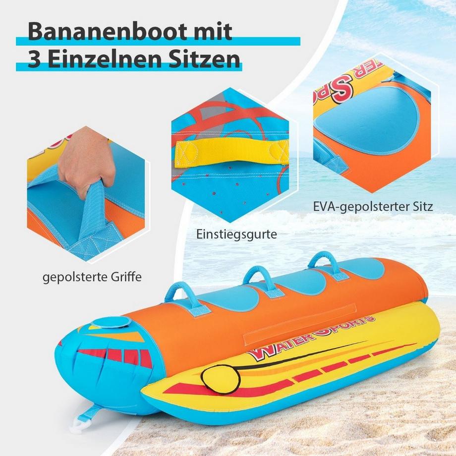 Northix  Banana boat per 3 persone Tubo trainabile con 3 sedili imbottiti in EVA e maniglie 252 x 108 x 51 cm 