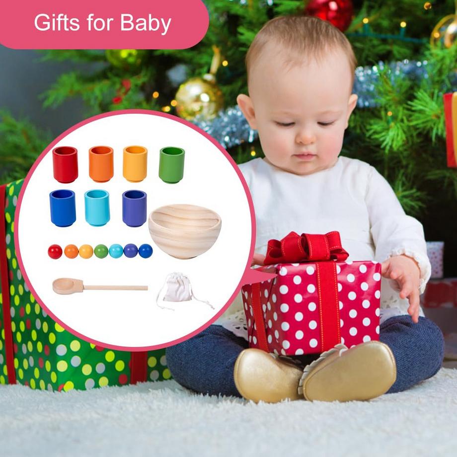 Activity-board  Hölzernes Sortier- und Stapelspielzeug, 7 Holzkugeln in Tassen, Babyspielzeug für die Vorschule zum Farbsortieren und Zählen 