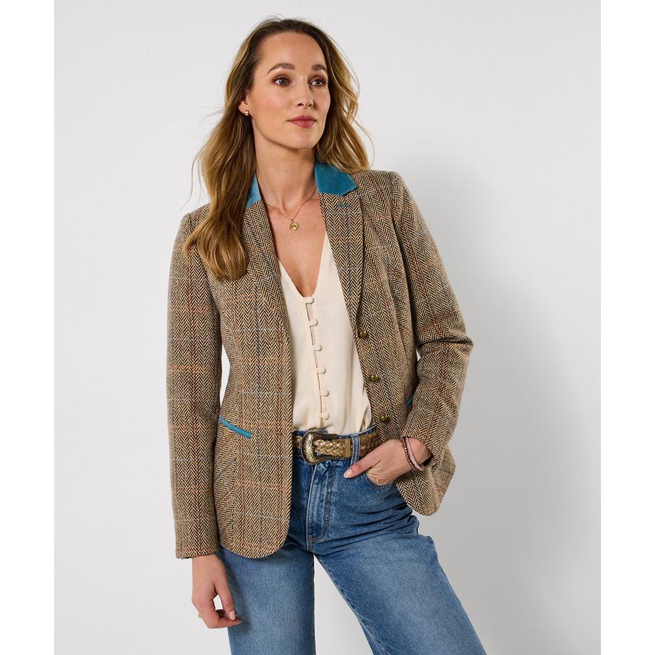Veste boutonnage simple en tweed avec col contrastant