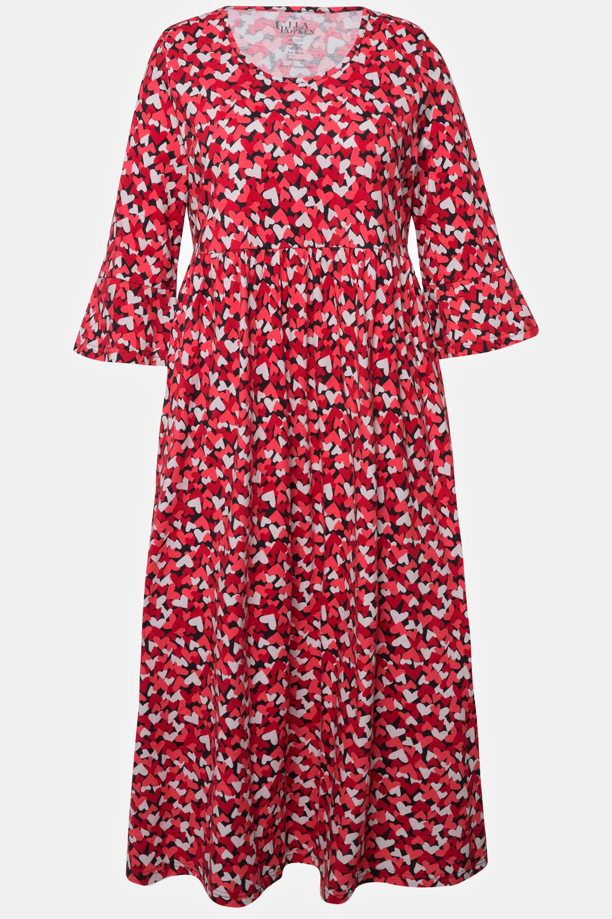 Ulla Popken  Robe en jersey, imprimé petits cœurs. Encolure carrée et manches 3/4. Silhouette en A. 