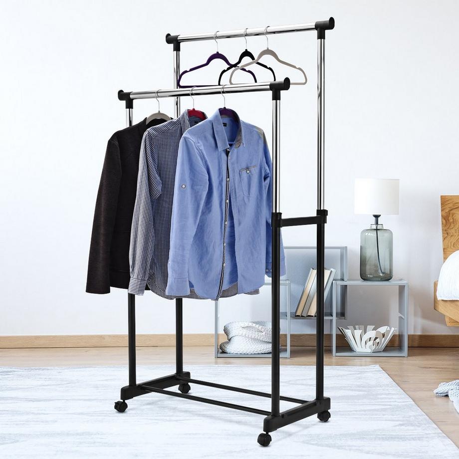 B2X  Kleiderständer Höhenverstellbarer Garderobenständer Rollgarderobe mit Rollen Schwarz 86 x 43 x 94-168 cm 