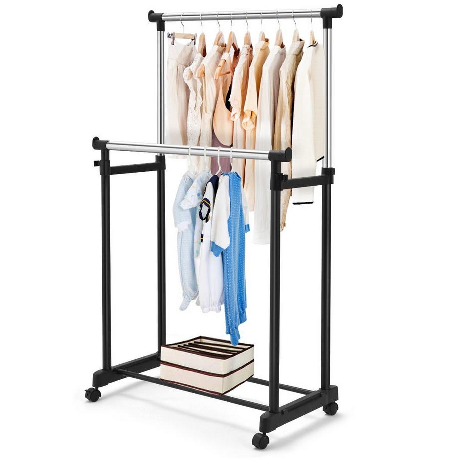 B2X  Kleiderständer Höhenverstellbarer Garderobenständer Rollgarderobe mit Rollen Schwarz 86 x 43 x 94-168 cm 