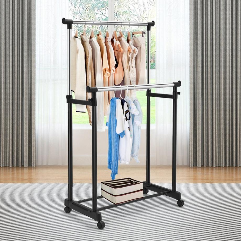 B2X  Kleiderständer Höhenverstellbarer Garderobenständer Rollgarderobe mit Rollen Schwarz 86 x 43 x 94-168 cm 