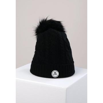 Kaschmir Mütze mit Zopfmuster und Bommel