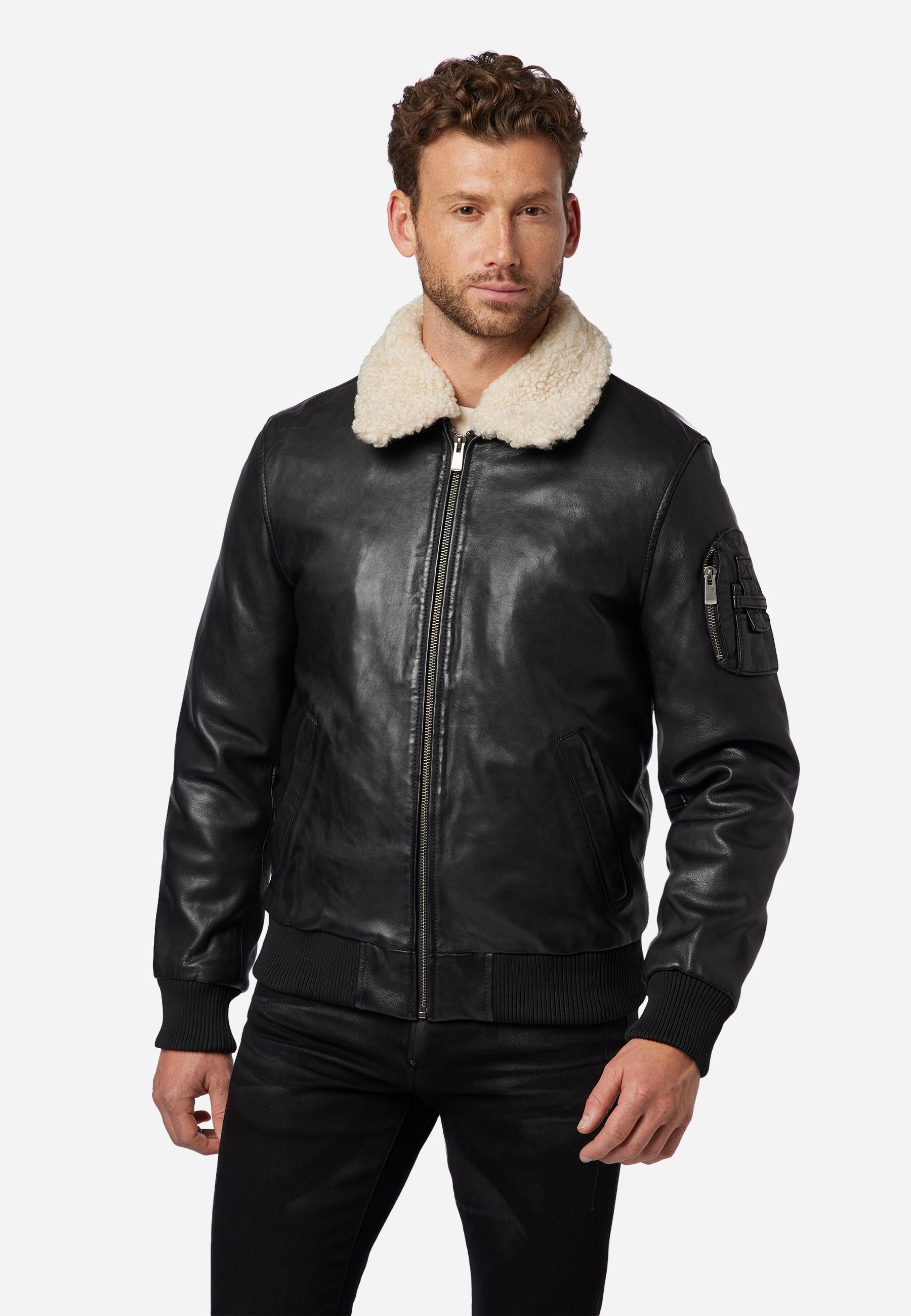 RICANO  Veste en cuir pour hommes M-Bomber - Blouson aviateur avec col en peau de mouton 