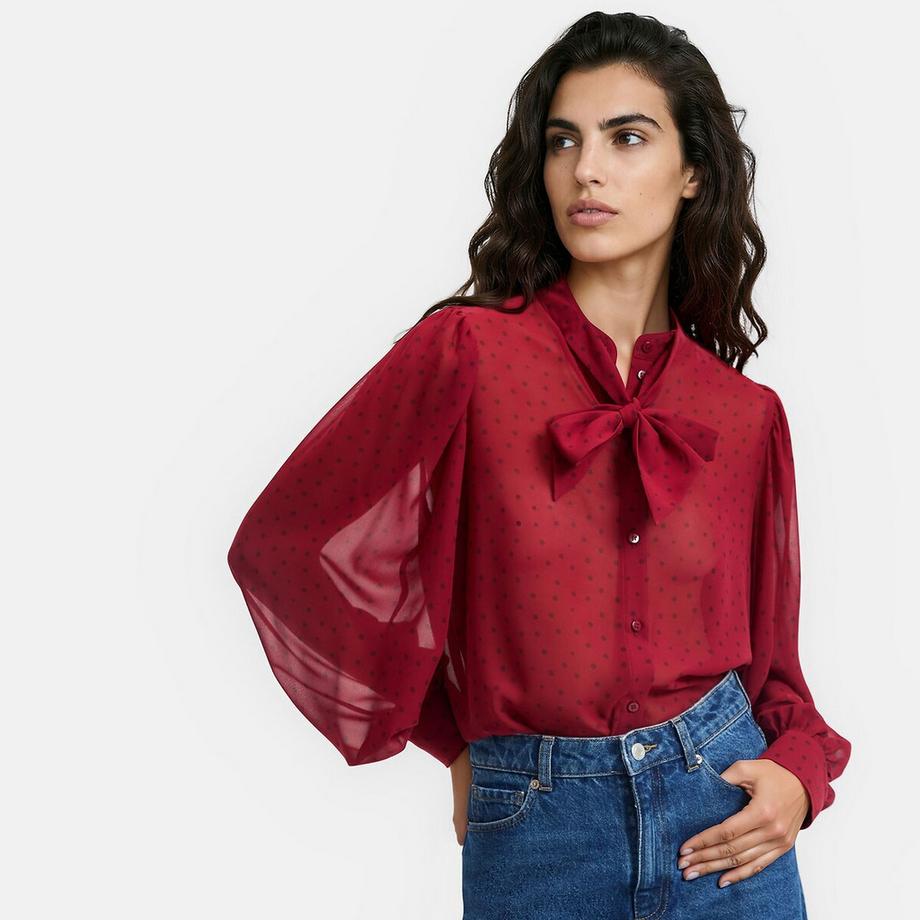 Chemise lavallière à pois manches longues