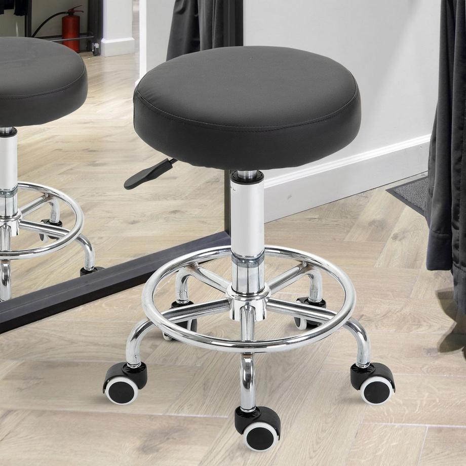 Northio Rollhocker, Höhenverstellbarer Arbeitshocker mit Fußring, Drehbarer Salon Hocker, Drehhocker mit Rädern, Schwarz, Ø42 x 50-64 cm  