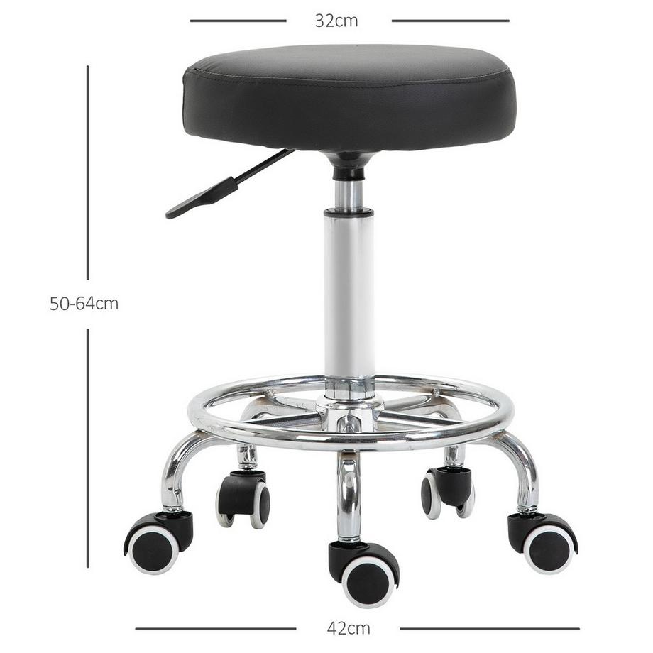 Northio Rollhocker, Höhenverstellbarer Arbeitshocker mit Fußring, Drehbarer Salon Hocker, Drehhocker mit Rädern, Schwarz, Ø42 x 50-64 cm  