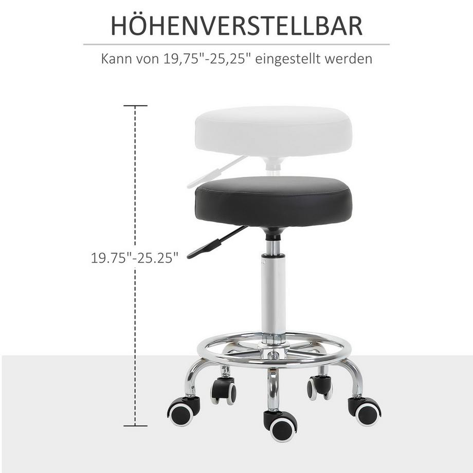 Northio Rollhocker, Höhenverstellbarer Arbeitshocker mit Fußring, Drehbarer Salon Hocker, Drehhocker mit Rädern, Schwarz, Ø42 x 50-64 cm  