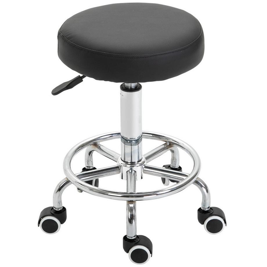 Rollhocker, Höhenverstellbarer Arbeitshocker mit Fußring, Drehbarer Salon Hocker, Drehhocker mit Rädern, Schwarz, Ø42 x 50-64 cm
