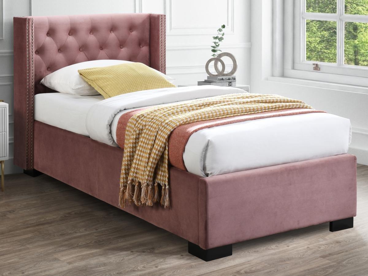 Vente-unique Bett mit Bettkasten + Matratze - 90 x 200 cm - gestepptes Kopfteil - Samt - Rosa - MASSIMO  
