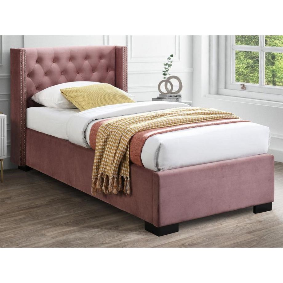 Vente-unique Lit coffre 90 x 200 cm avec tête de lit capitonnée - Velours - Rose + Matelas - MASSIMO  