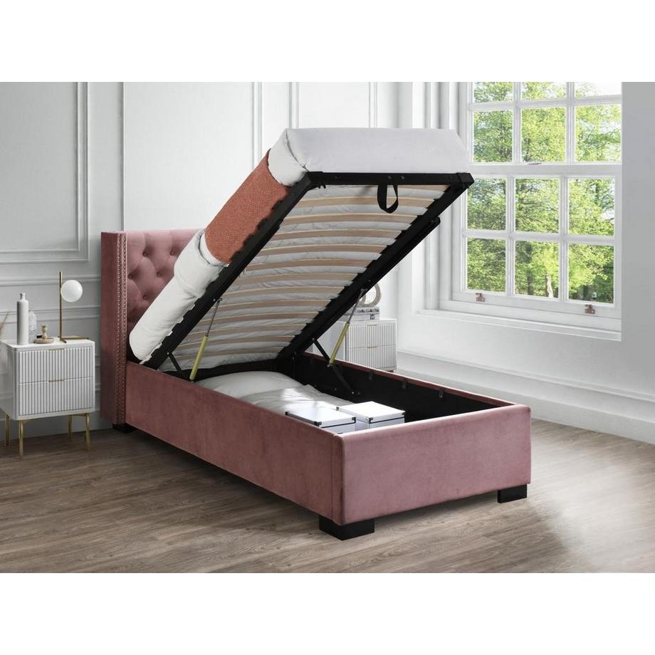 Vente-unique Lit coffre 90 x 200 cm avec tête de lit capitonnée - Velours - Rose + Matelas - MASSIMO  