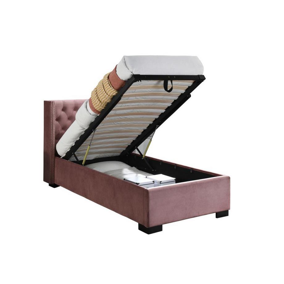 Vente-unique Lit coffre 90 x 200 cm avec tête de lit capitonnée - Velours - Rose + Matelas - MASSIMO  