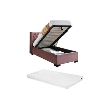 Bett mit Bettkasten + Matratze - 90 x 200 cm - gestepptes Kopfteil - Samt - Rosa - MASSIMO