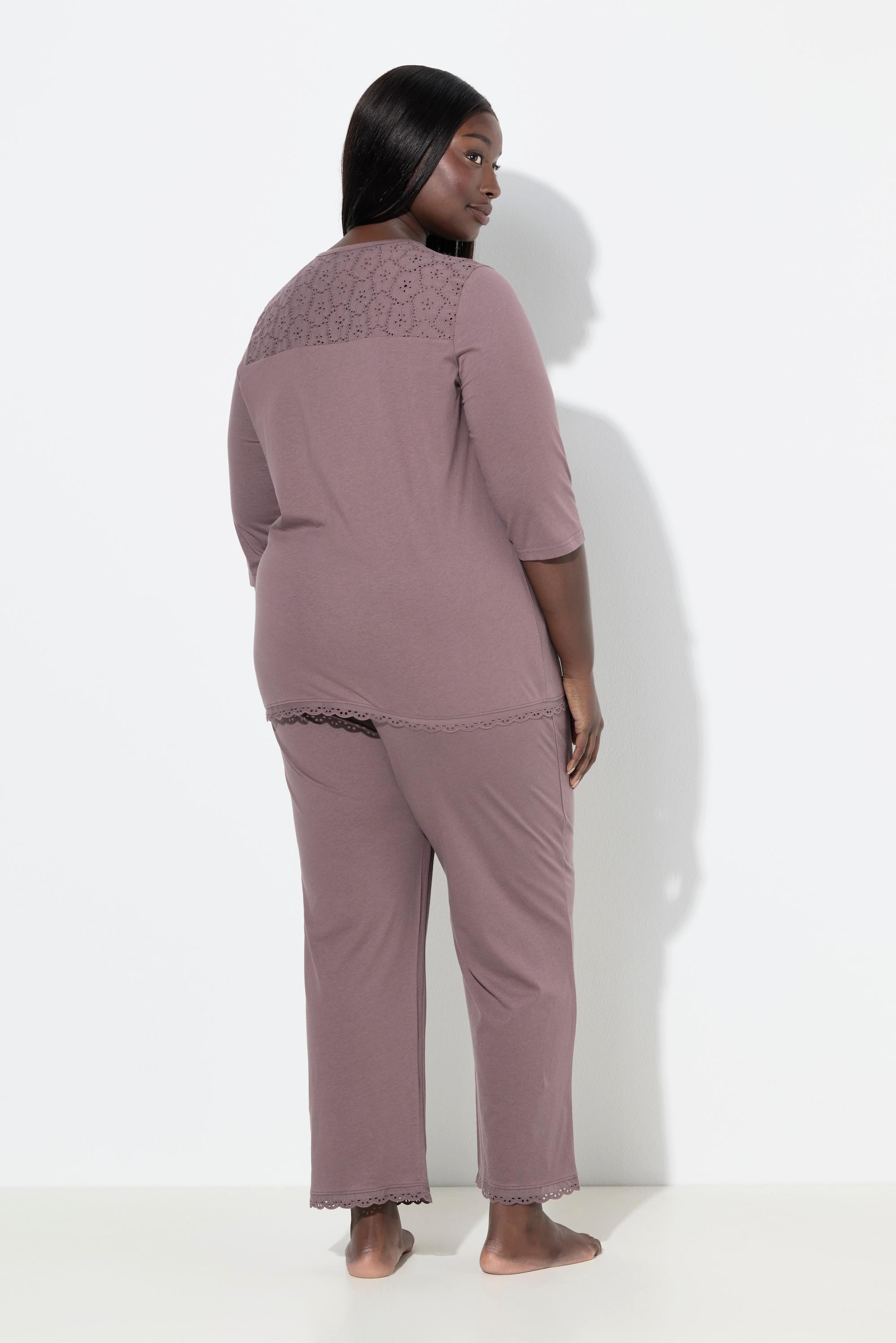 Ulla Popken Pigiama Ricami Traforati Scollo Rotondo Maniche 3/4  