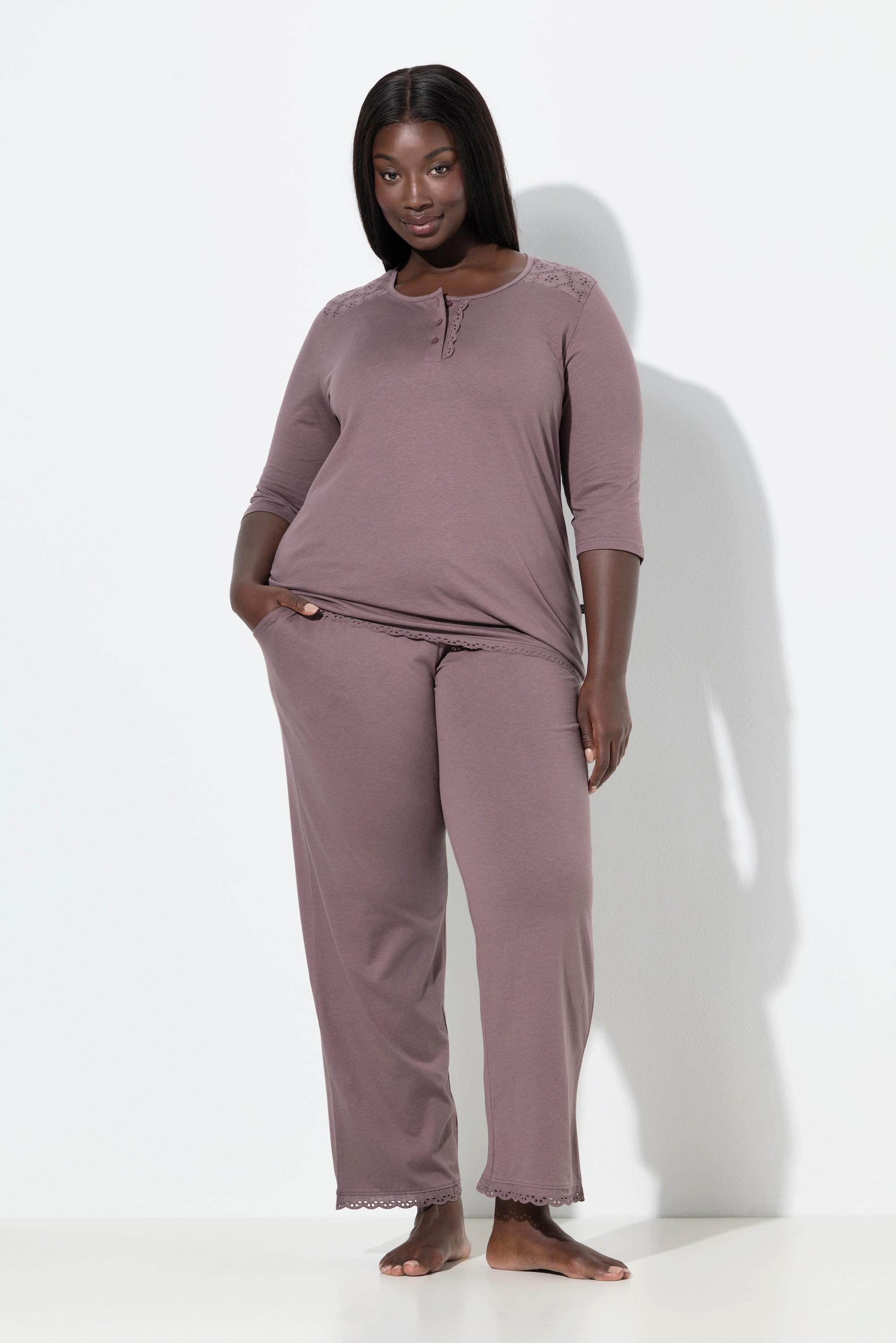 Ulla Popken Pigiama Ricami Traforati Scollo Rotondo Maniche 3/4  