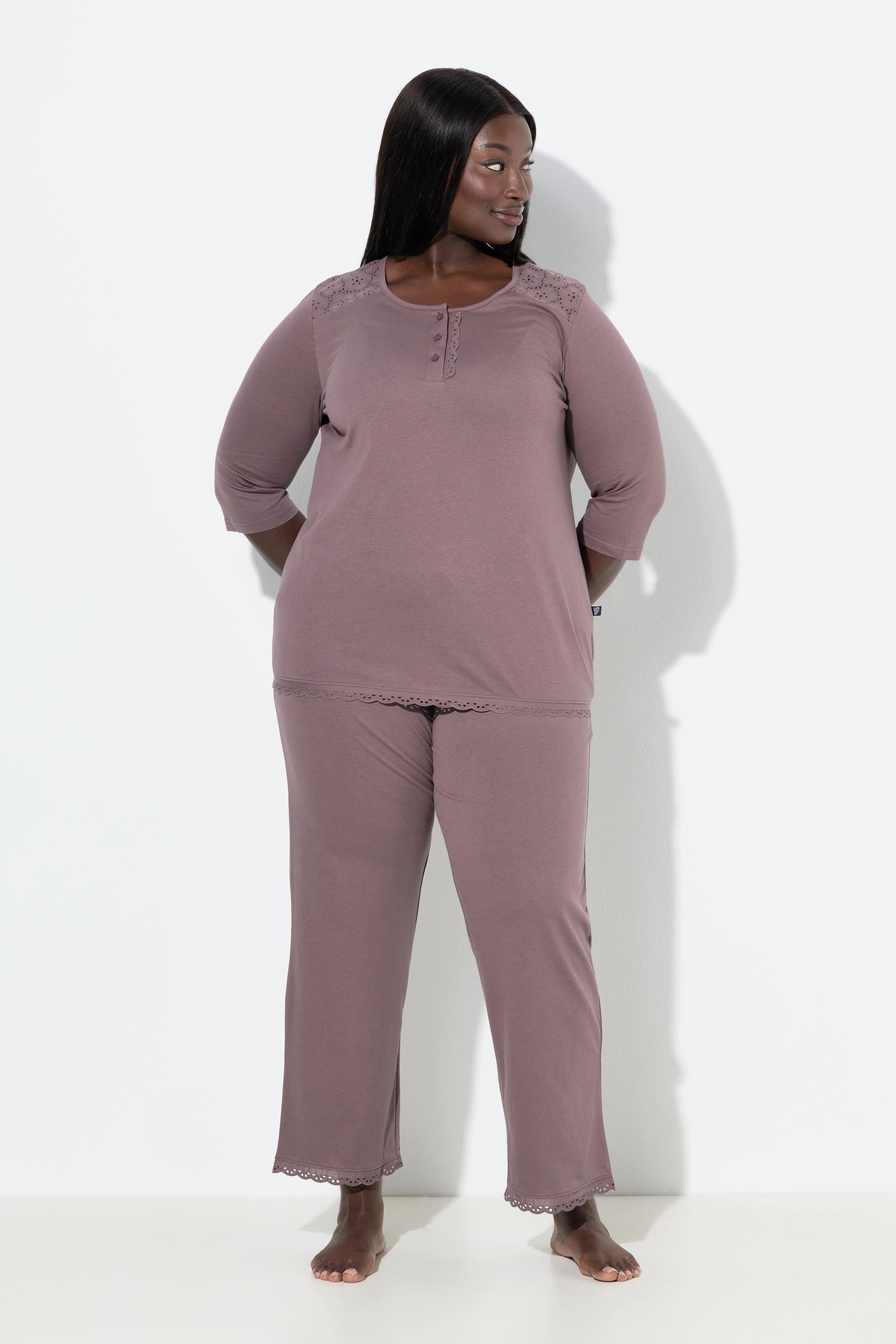 Ulla Popken Pigiama Ricami Traforati Scollo Rotondo Maniche 3/4  