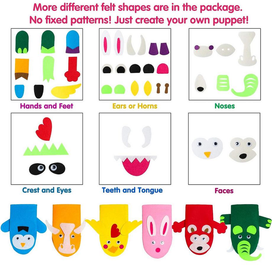 Activity-board  6Pcs Filz Handpuppe DIY Kunsthandwerk Set für moderne Kinder Filz spielen Puppe Socke Pompons Kunsthandwerk 