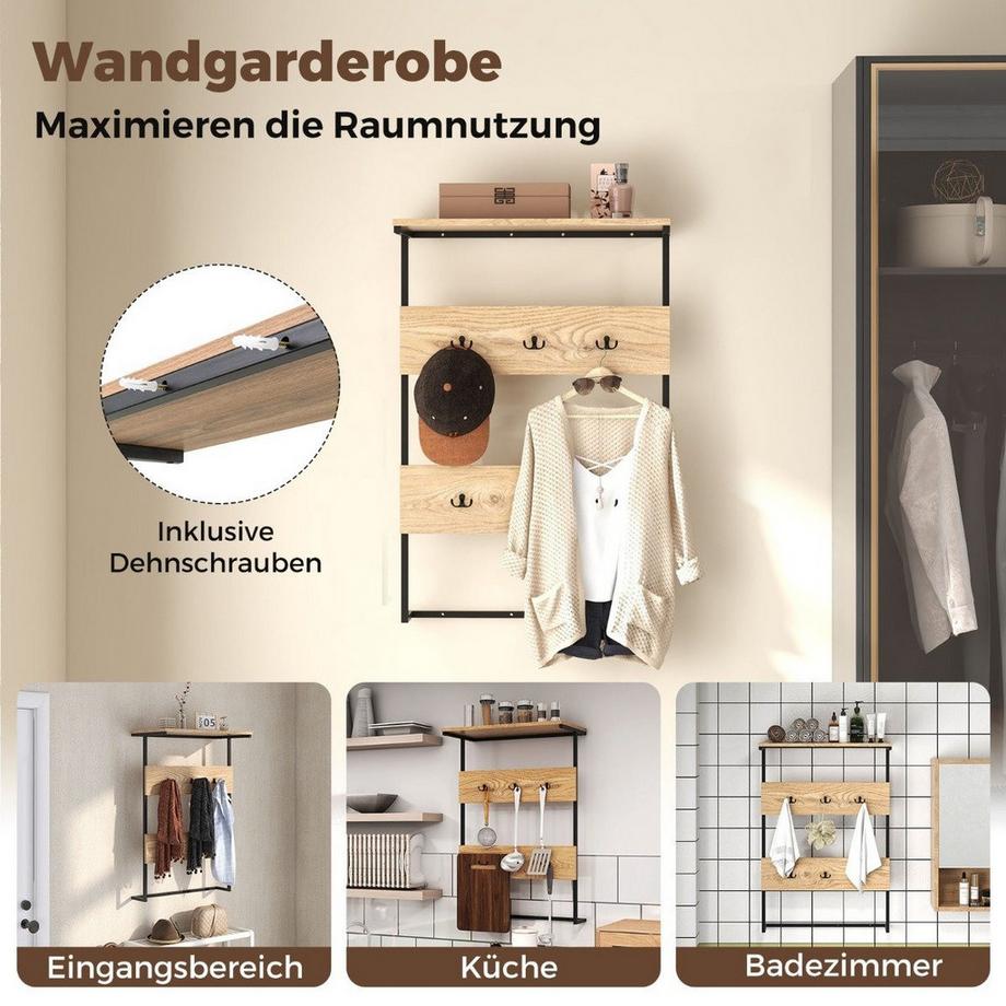 Northix Wandgarderobe mit Ablage & 6 Haken Wandregal Industrielle Garderobenleiste Kleiderstange  