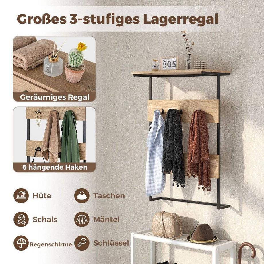Northix Wandgarderobe mit Ablage & 6 Haken Wandregal Industrielle Garderobenleiste Kleiderstange  