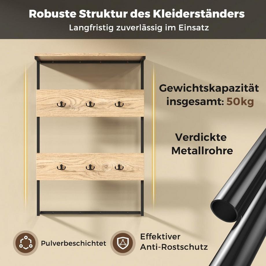 Northix Wandgarderobe mit Ablage & 6 Haken Wandregal Industrielle Garderobenleiste Kleiderstange  