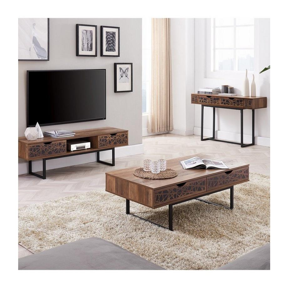 Casâme Table basse 2 tiroirs décor bois et motifs noirs  - Anaëlle  