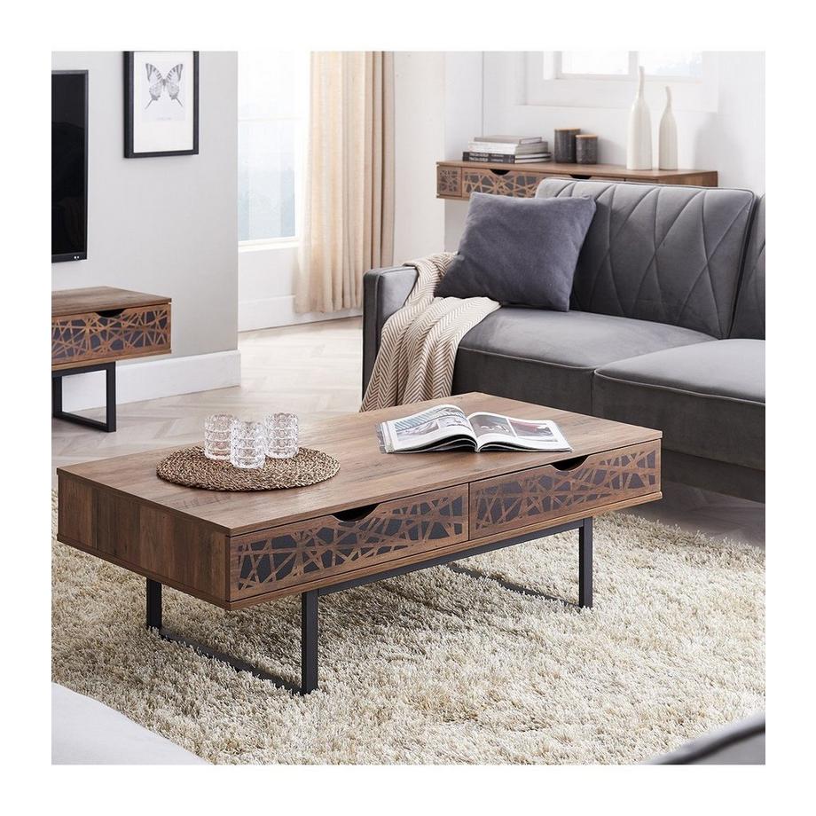 Casâme Table basse 2 tiroirs décor bois et motifs noirs  - Anaëlle  