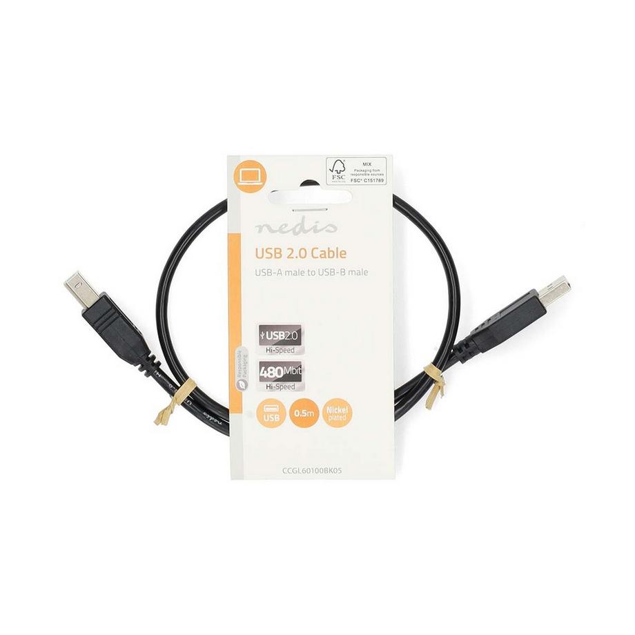 Nedis  Câble USB | USB 2.0 | USB-A mâle | USB-B mâle | 10 W | 480 Mbps | Nickelé | 0.50 m | Rond | PVC | Noir | Etiquette 