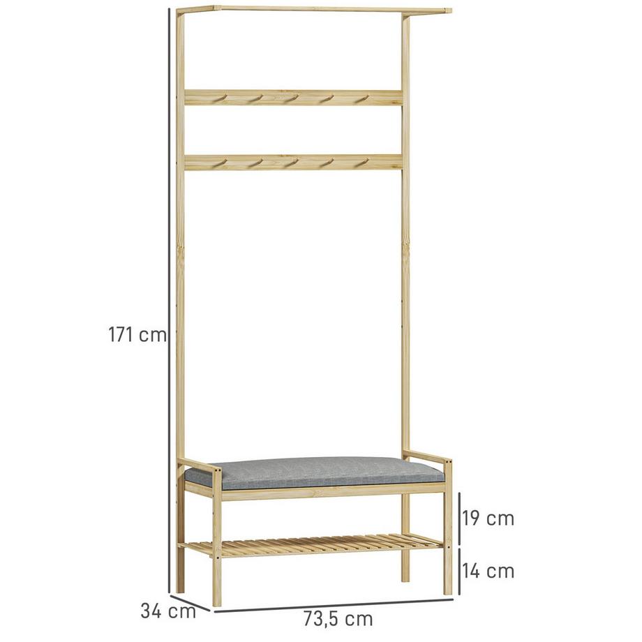 Northio  Garderobenständer mit Schuhbank, Kleiderständer mit Haken, Schuhregal, Garderobe mit Sitzkissen, Jackenständer für Eingangsbereich, Flur, Bambus, Natur 