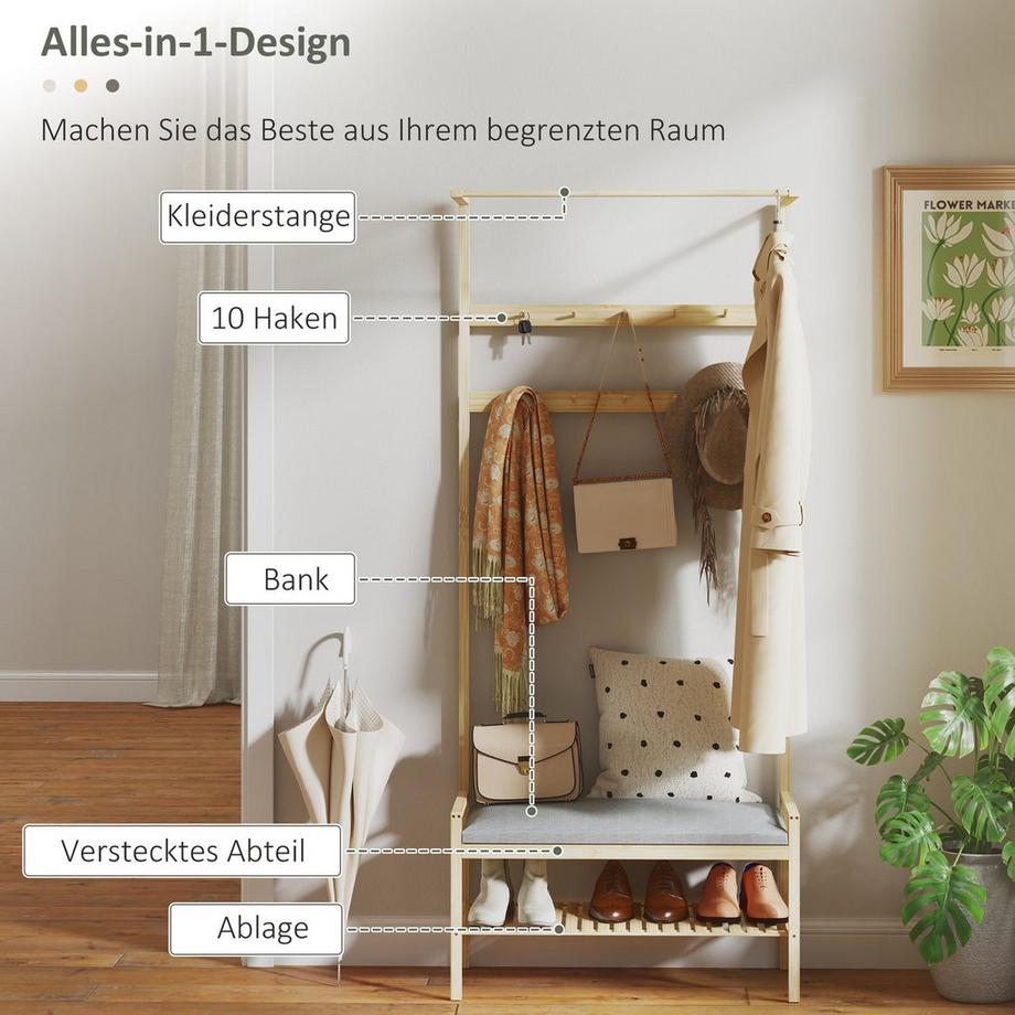 Northio  Garderobenständer mit Schuhbank, Kleiderständer mit Haken, Schuhregal, Garderobe mit Sitzkissen, Jackenständer für Eingangsbereich, Flur, Bambus, Natur 