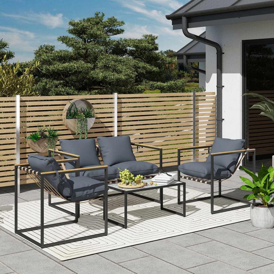 Northio  Salon de jardin en acier pour 4 personnes, ensemble de meubles de balcon résistant aux intempéries avec 2 canapés, 2 fauteuils, coussins d'assise, table d'appoint, groupe de sièges d'extérieur, meubles de terrasse, salon de jardin pour jardin, terrasse, b 